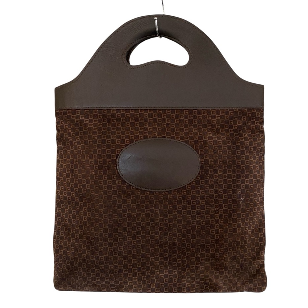 Vintage Gucci 80s GG Suede Monogram Medium Tote Bag Brown Leather Flat Travel